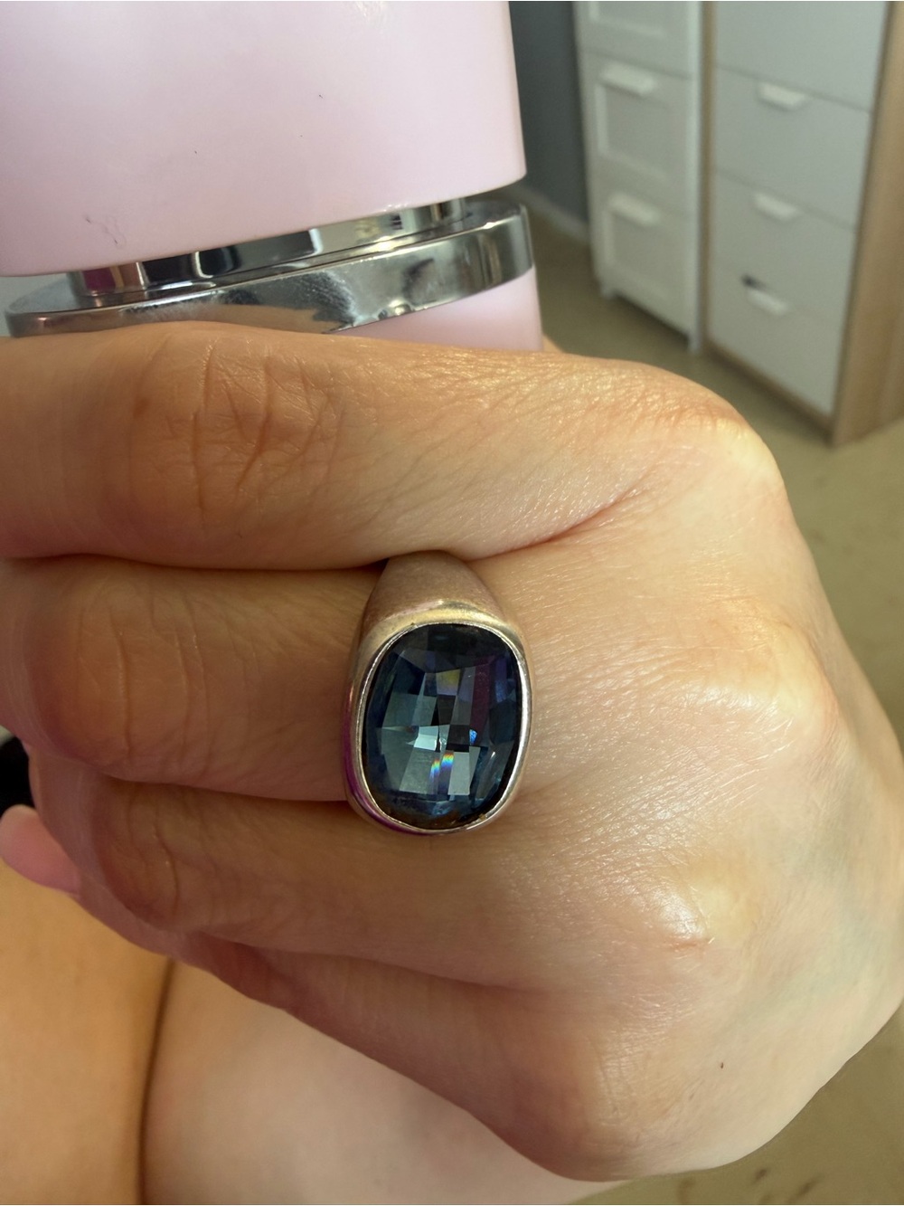 UNOde50 "Light It Up" Blue Swarovski Crystal Silver Plated Ring. Size 8
